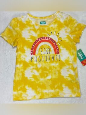 365 Kids girls’ size 7 yellow tie‑dye tee with a bright, positive graphic NWT